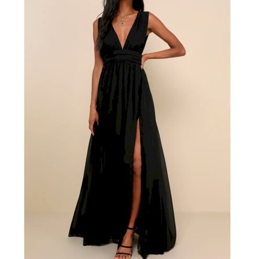 Lulu's Black V-Neck Maxi Dress with Side Slit